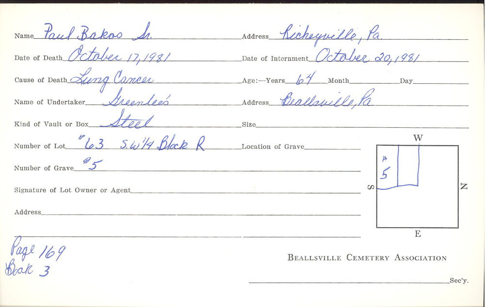 Paul Bakos Sr. burial card
